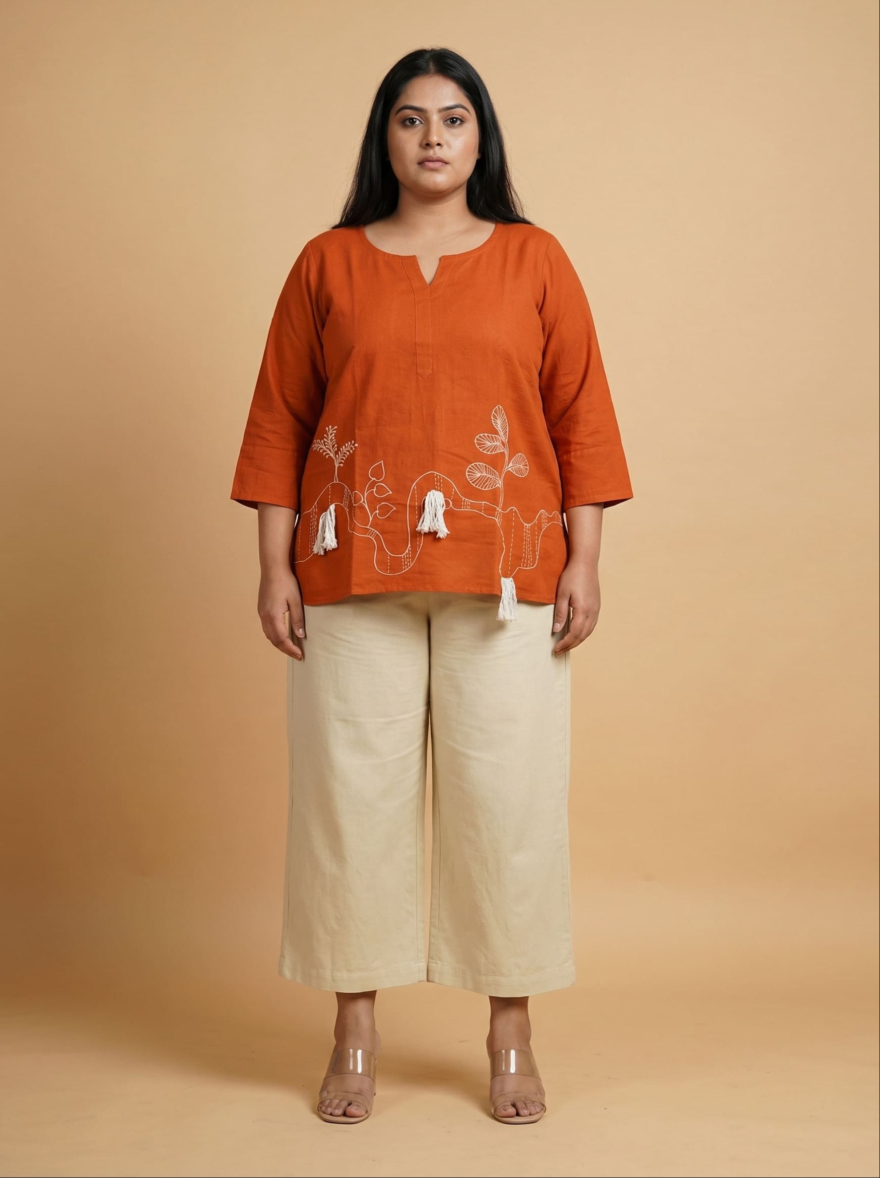Rust Cotton hand painted Plus Size Top for Women with Floral Print