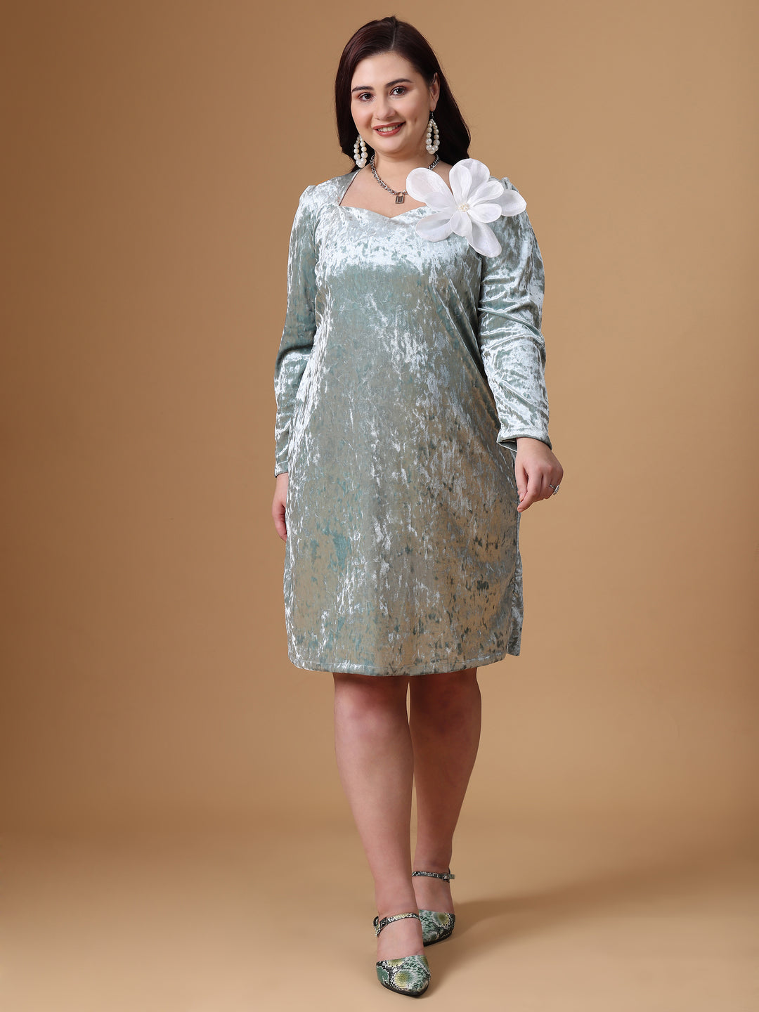 Sea Green Velvet Full Sleeve A Line Dress