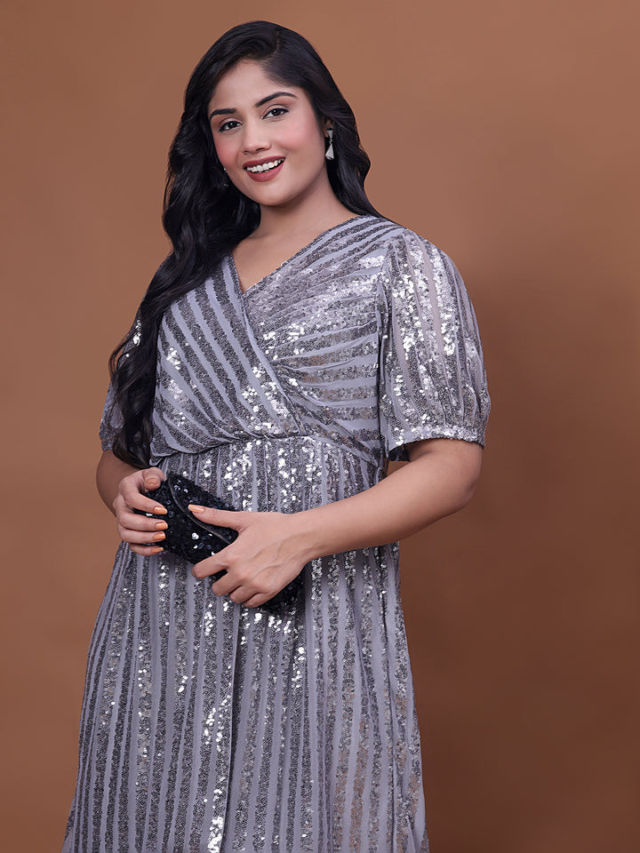 Sequined Grey Western Dress for Curvy Women