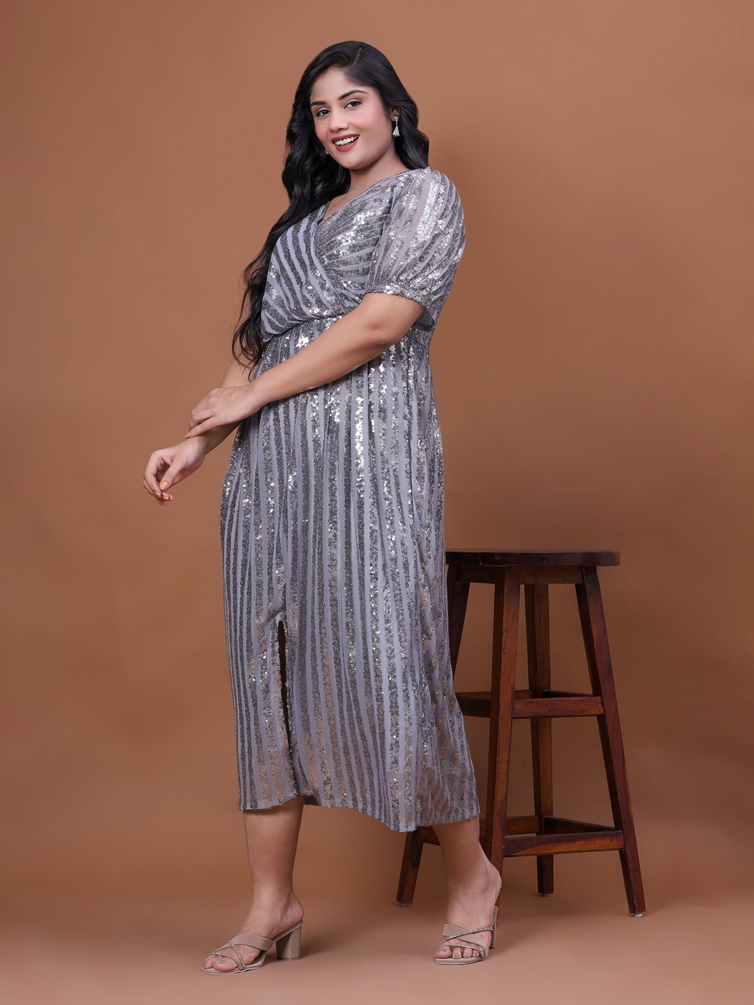 Shimmer Grey Midi Party Dress for Women
