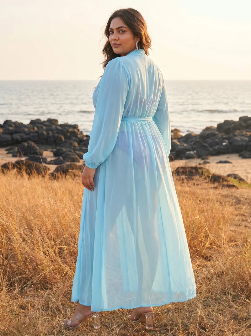 Sky Blue Bishop Sleeves Beach Wear Cover Up Dress