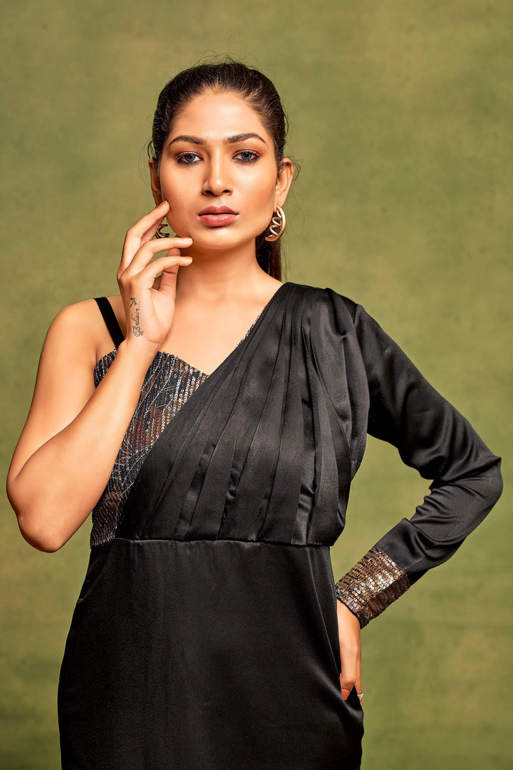 One Shoulder Black Pleated Sequin Satin Sheath Maxi Dress