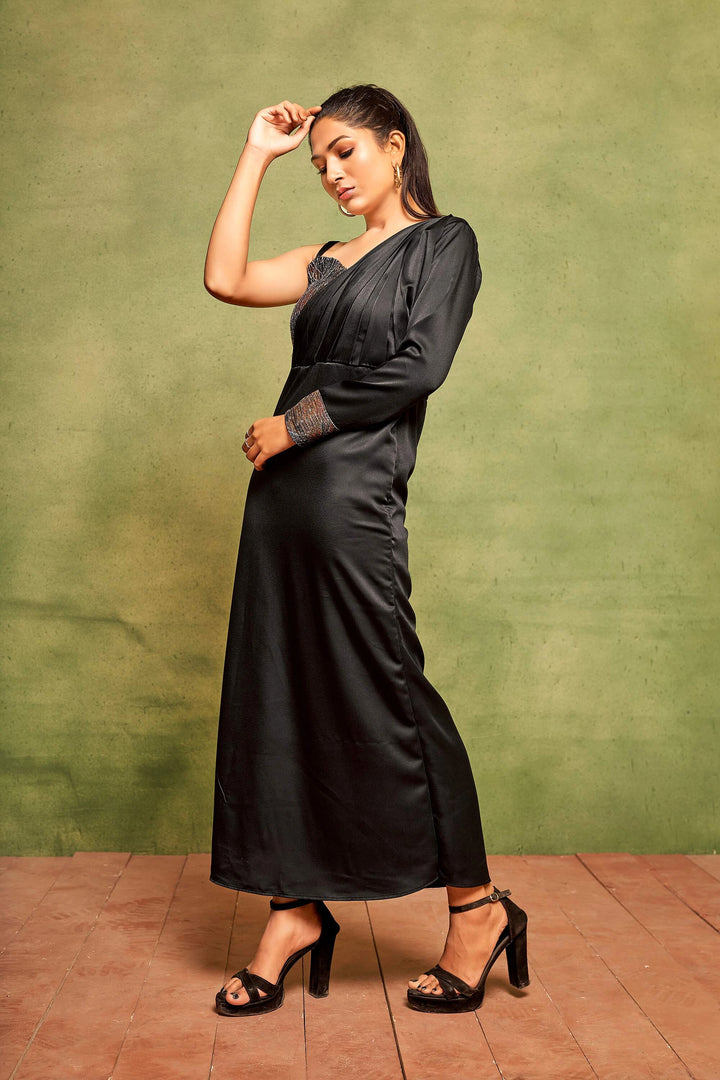 One Shoulder Black Pleated Sequin Satin Sheath Maxi Dress