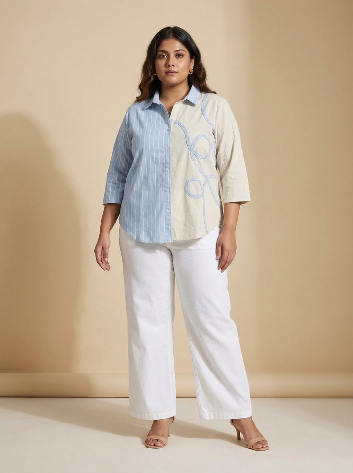 Plus Size Stylish Blue Patchwork Summer Shirt