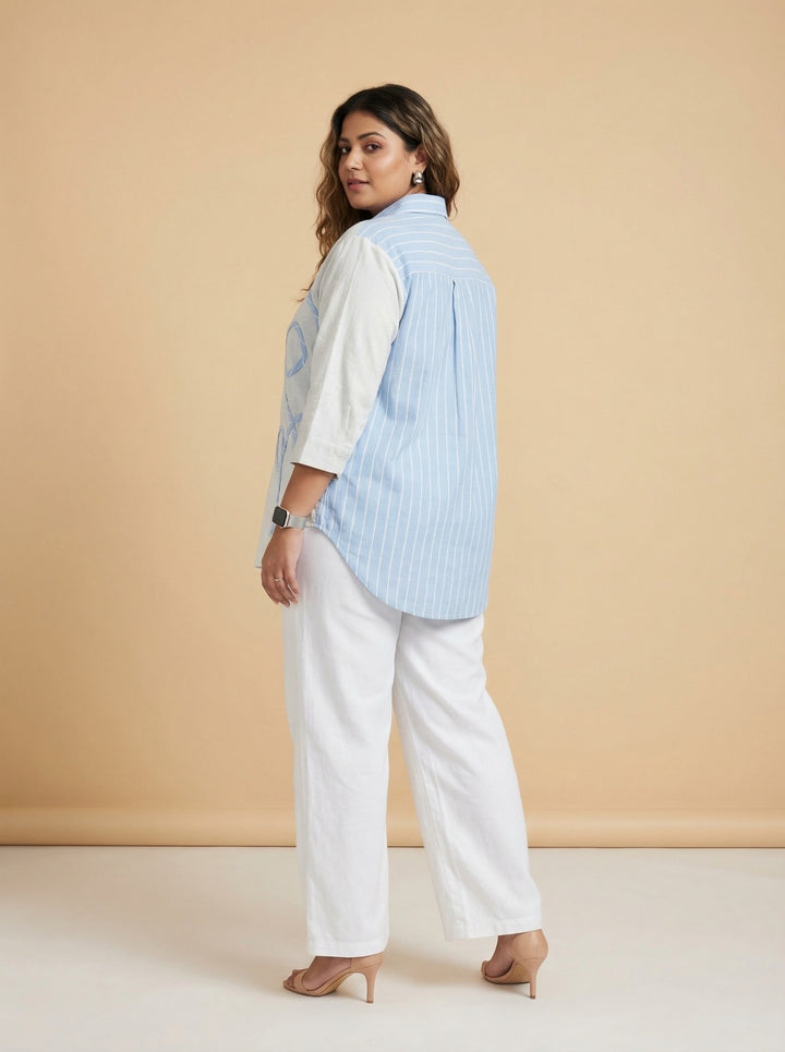 Plus Size Stylish Blue Patchwork Summer Shirt