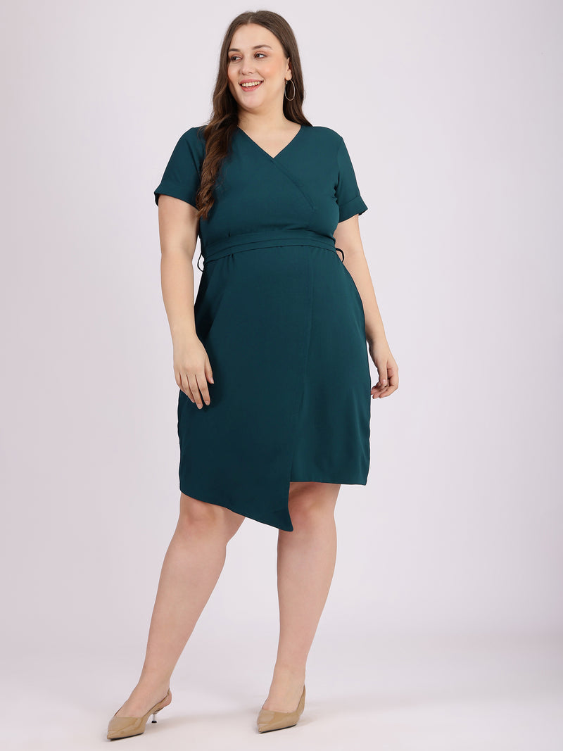 Teal Bodycon V-Neck Evening Wear Dress  Straight Cut Design