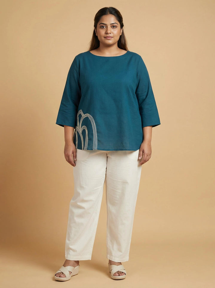 Teal blue Cotton Plus Size Top for Women with Dori Work