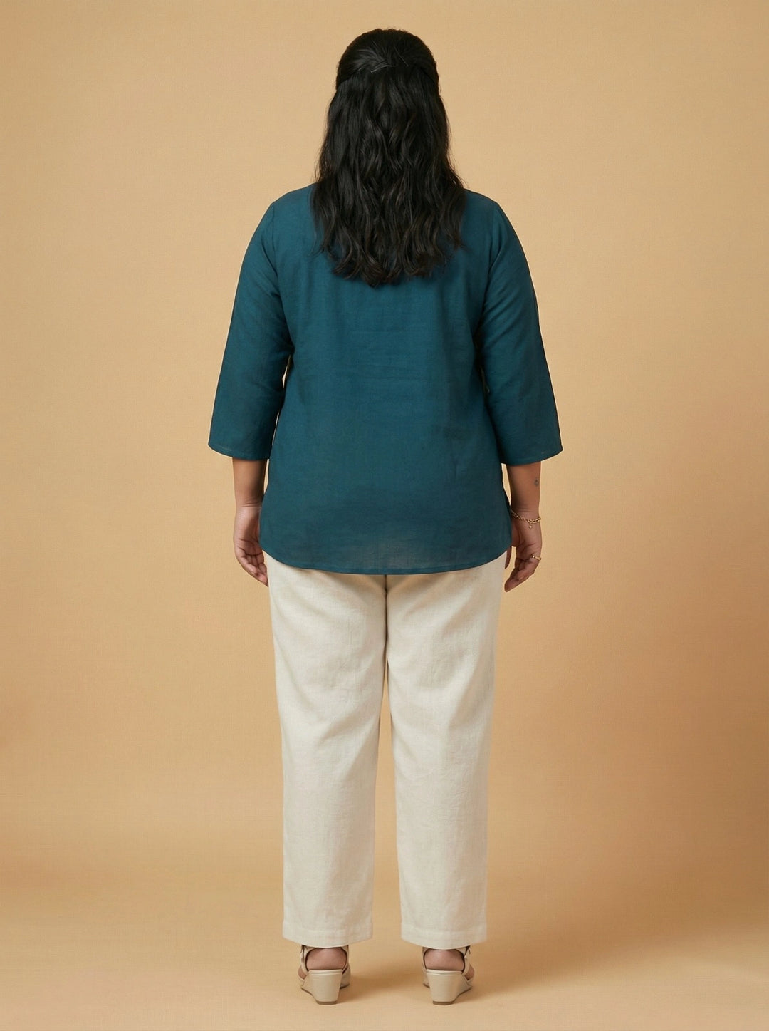 Teal blue Cotton Plus Size Top for Women with Dori Work