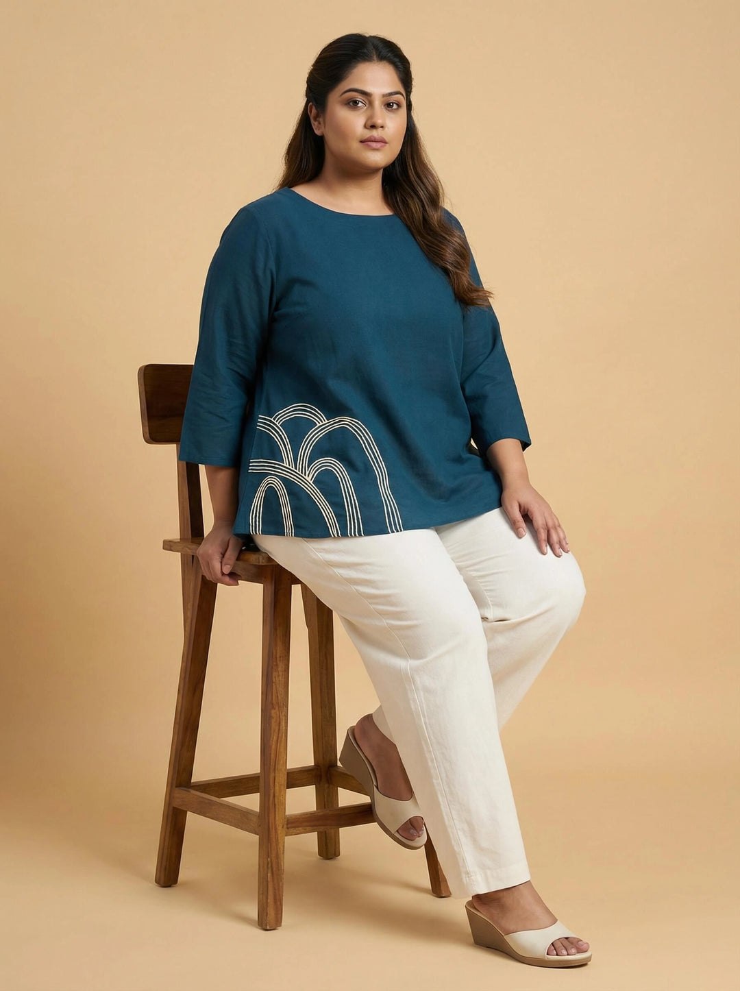 Teal blue Cotton Plus Size Top for Women with Dori Work