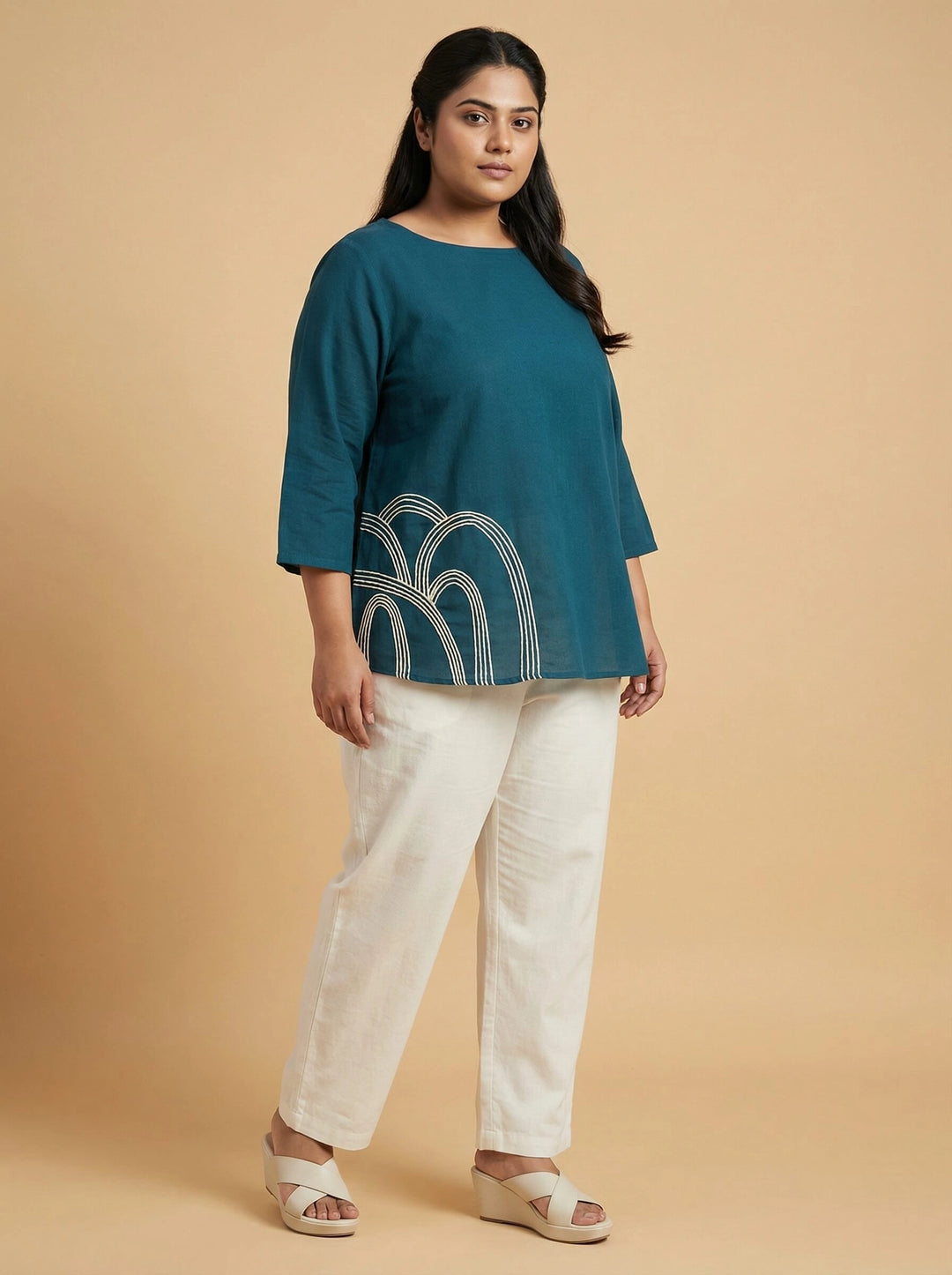 Teal blue Cotton Plus Size Top for Women with Dori Work