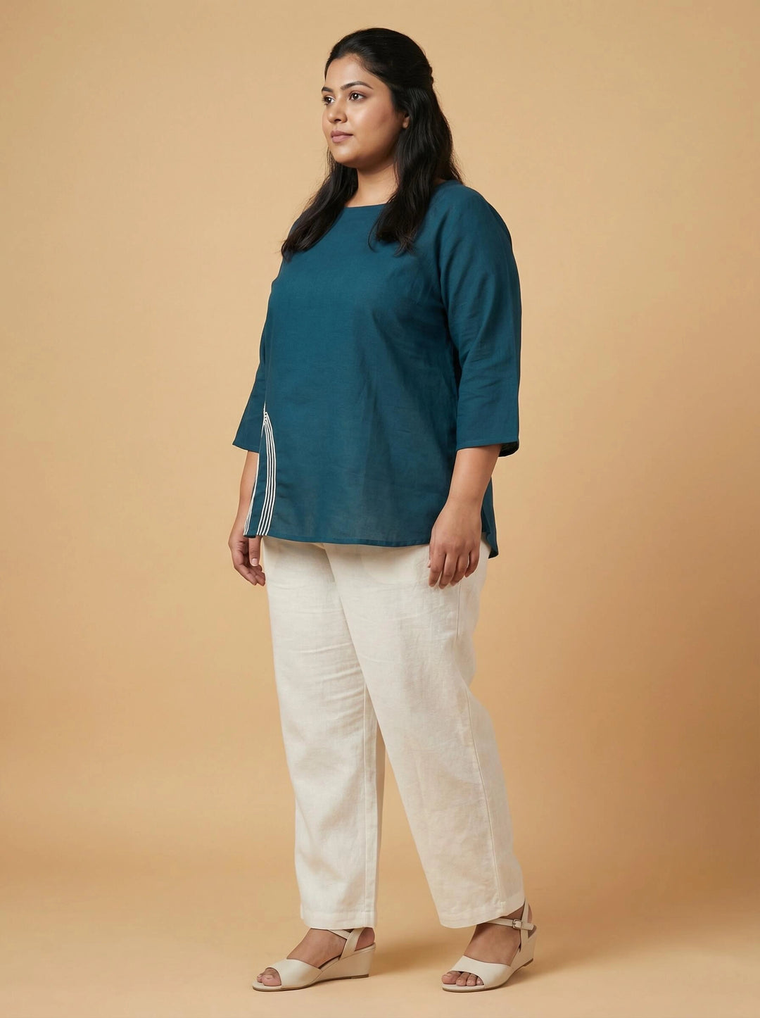 Teal blue Cotton Plus Size Top for Women with Dori Work