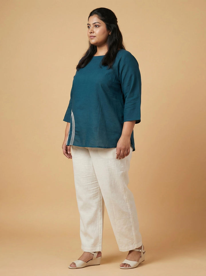 Teal blue Cotton Plus Size Top for Women with Dori Work