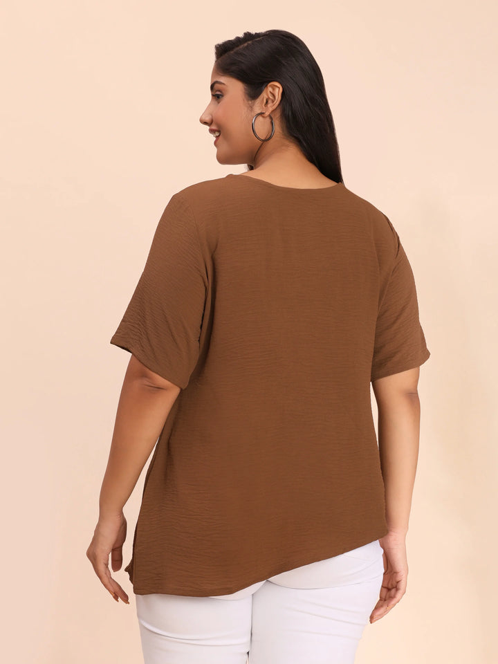 Brown asymmetric casual top for women