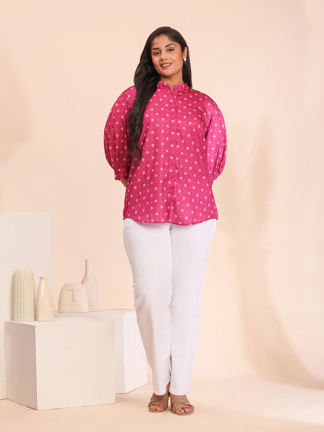 Fuchsia bandhani top with mandarin collar