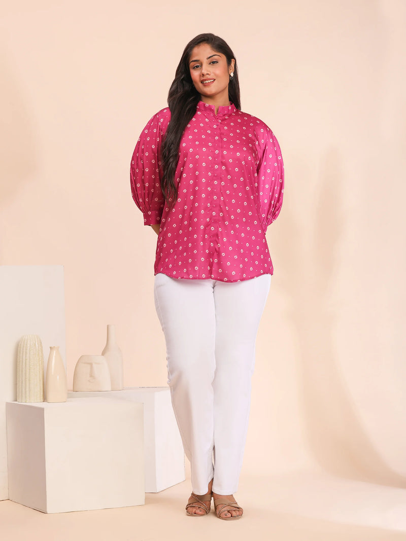 Fuchsia bandhani top with mandarin collar
