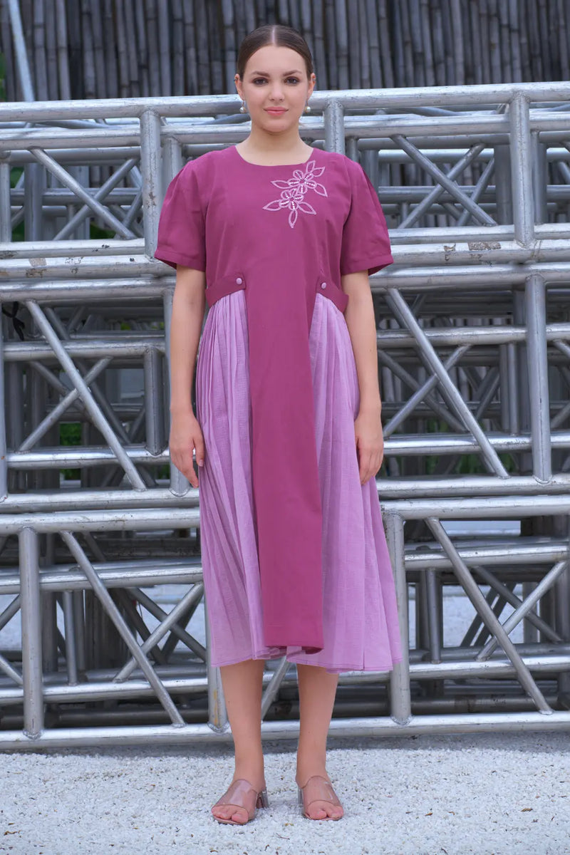 Two Toned Pink Cotton Dress For Plus Size Women