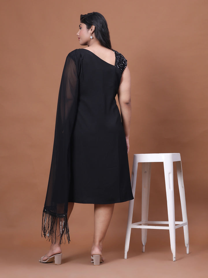 Unique asymmetric sleeve plus size party dress