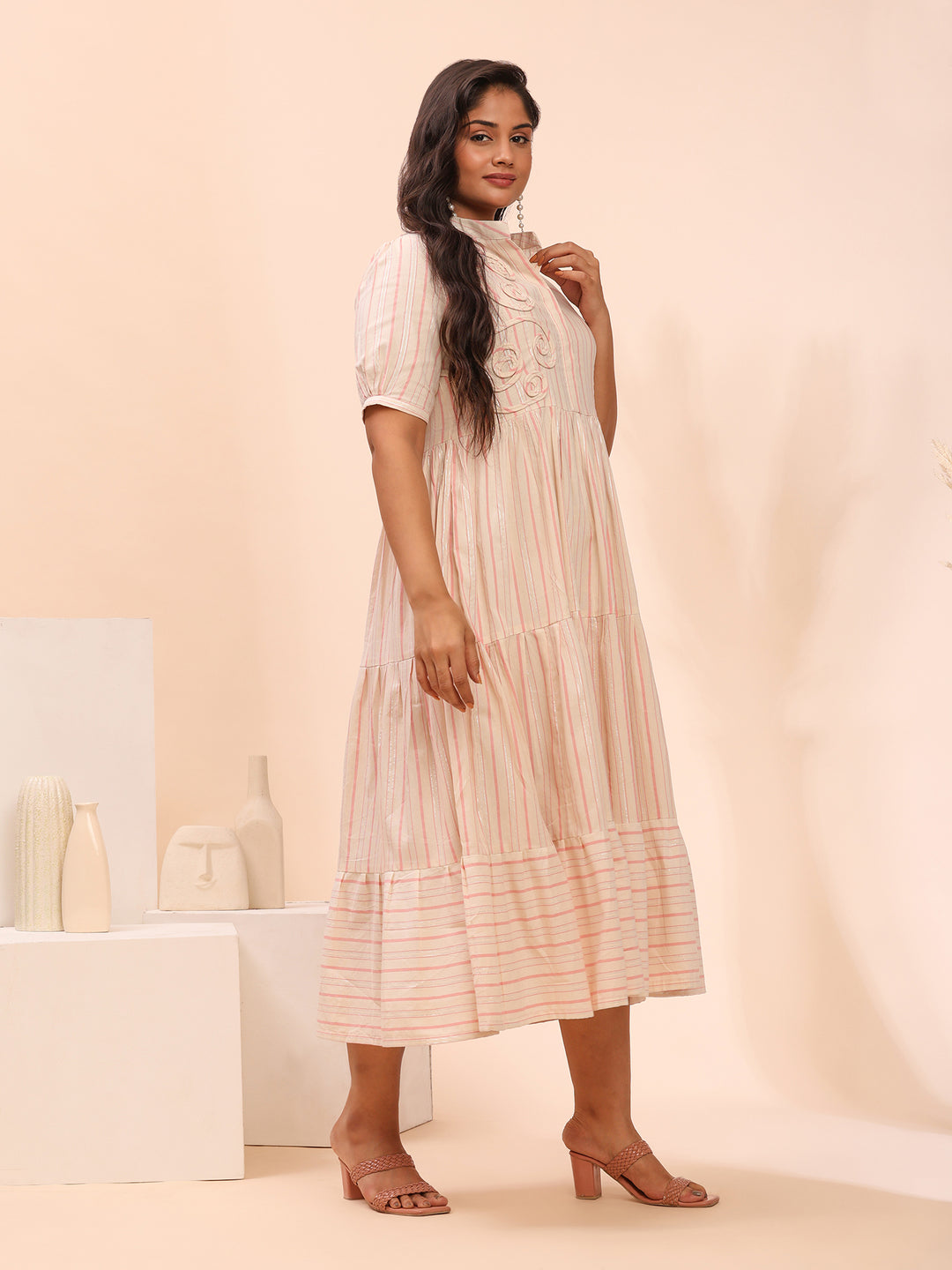 Pink Cotton Tiered  Dress for Women