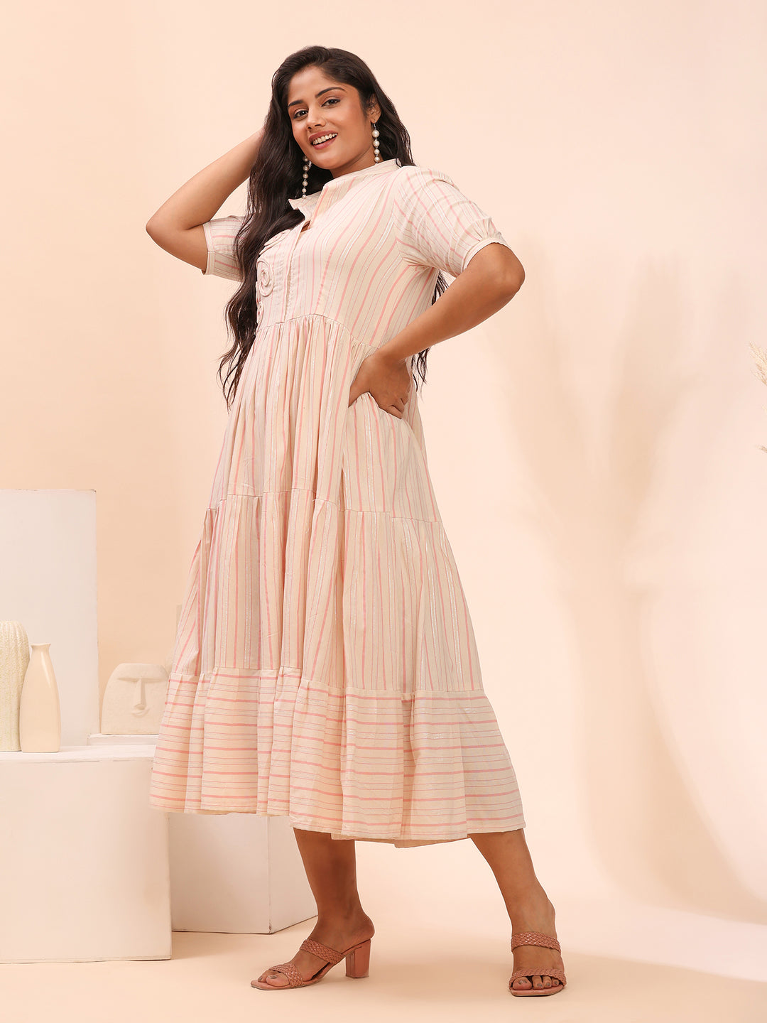 Pink Cotton Tiered  Dress for Women