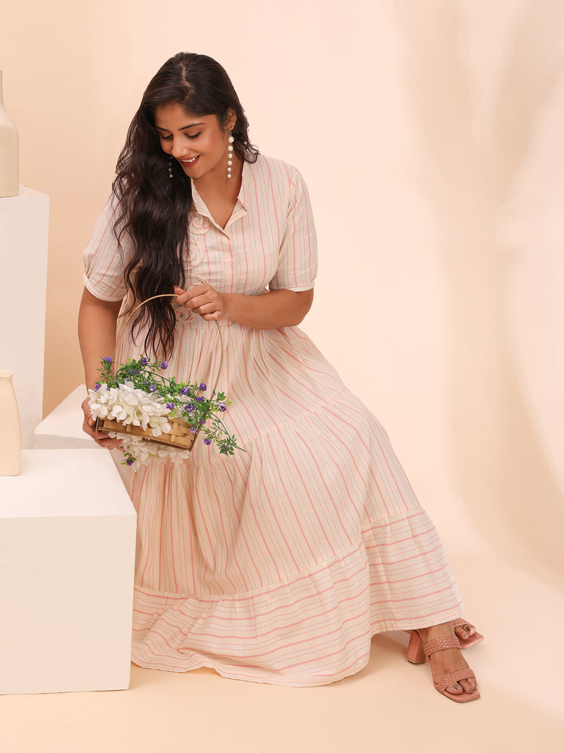Pink Cotton Tiered  Dress for Women