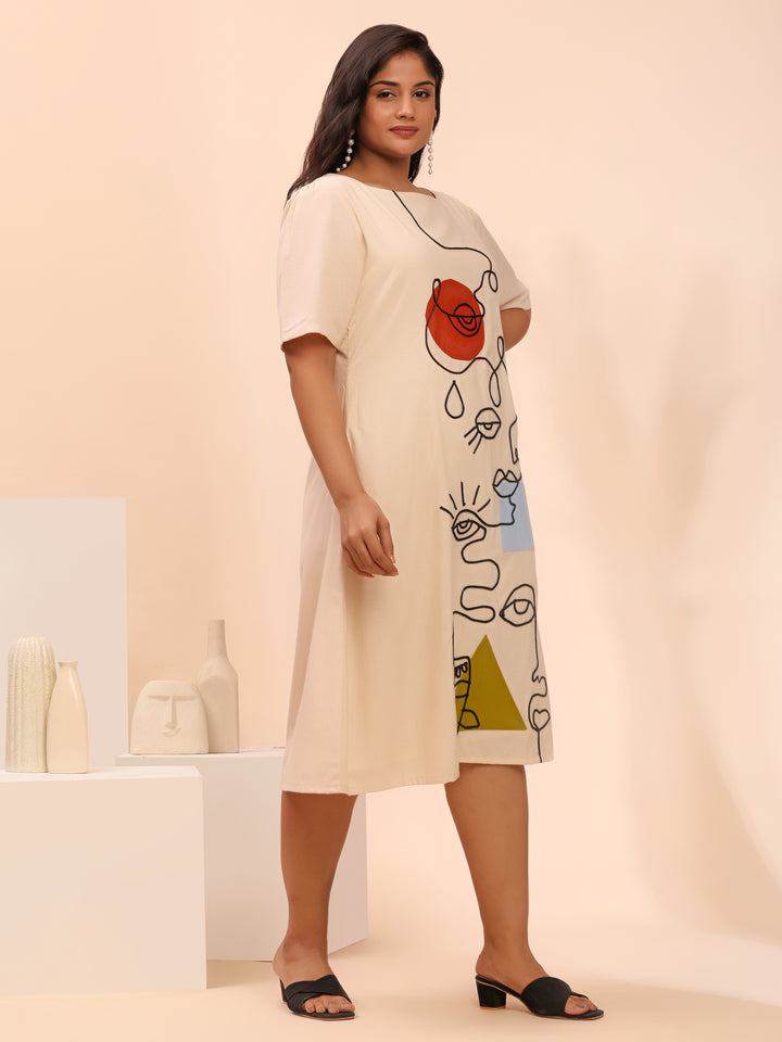 Off White Summer Dress With Cord Work