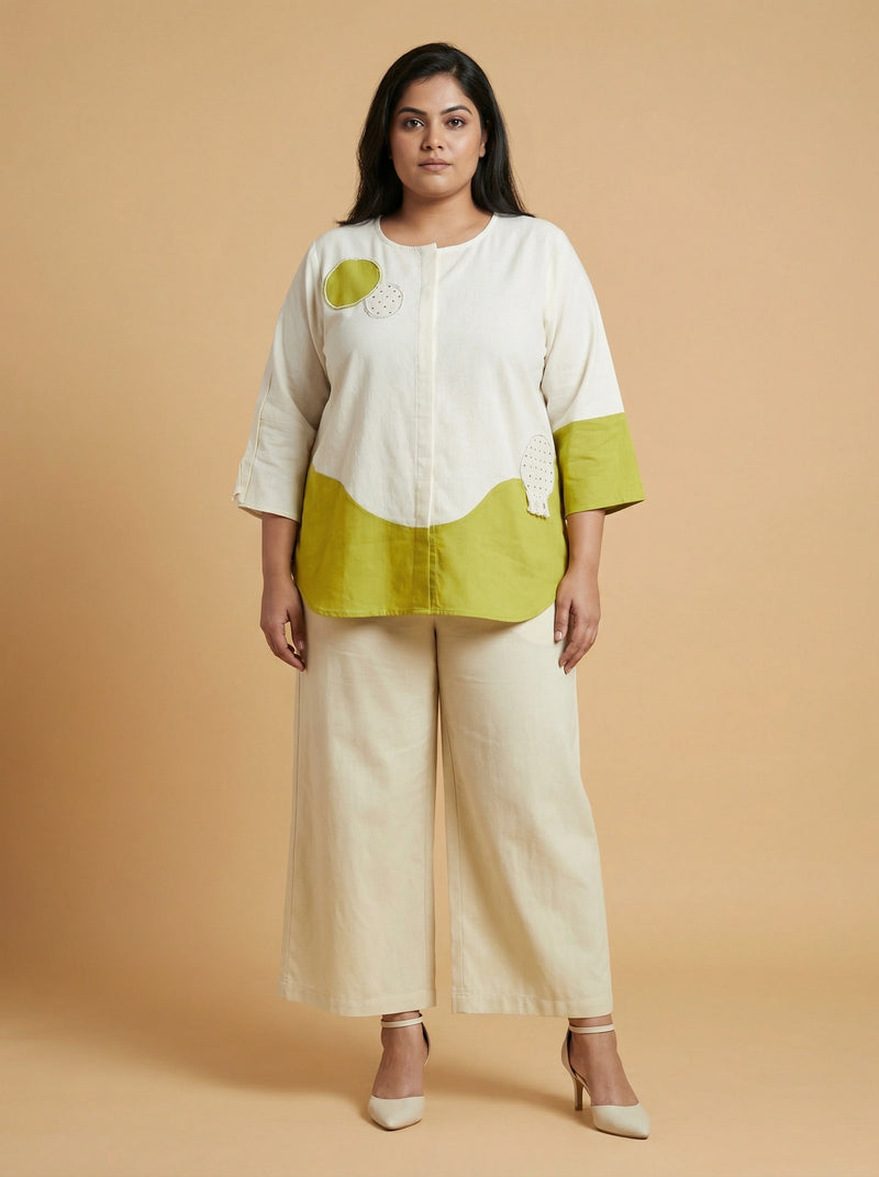White Lime Block Print Cotton Top Women