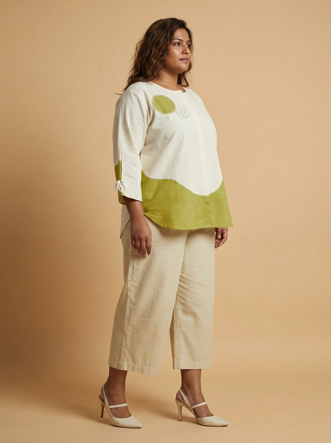 White Lime Block Print Cotton Top Women