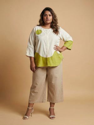 White Lime Block Print Cotton Top Women