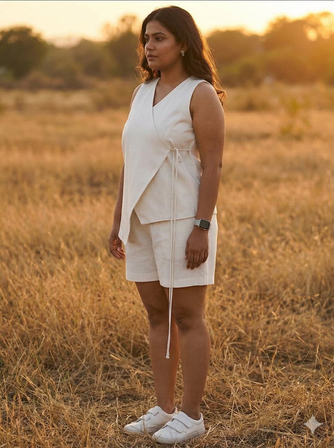Woman in a white outfit standing in a field during sunset [Buy Summer Co Ord Set for Women Online]