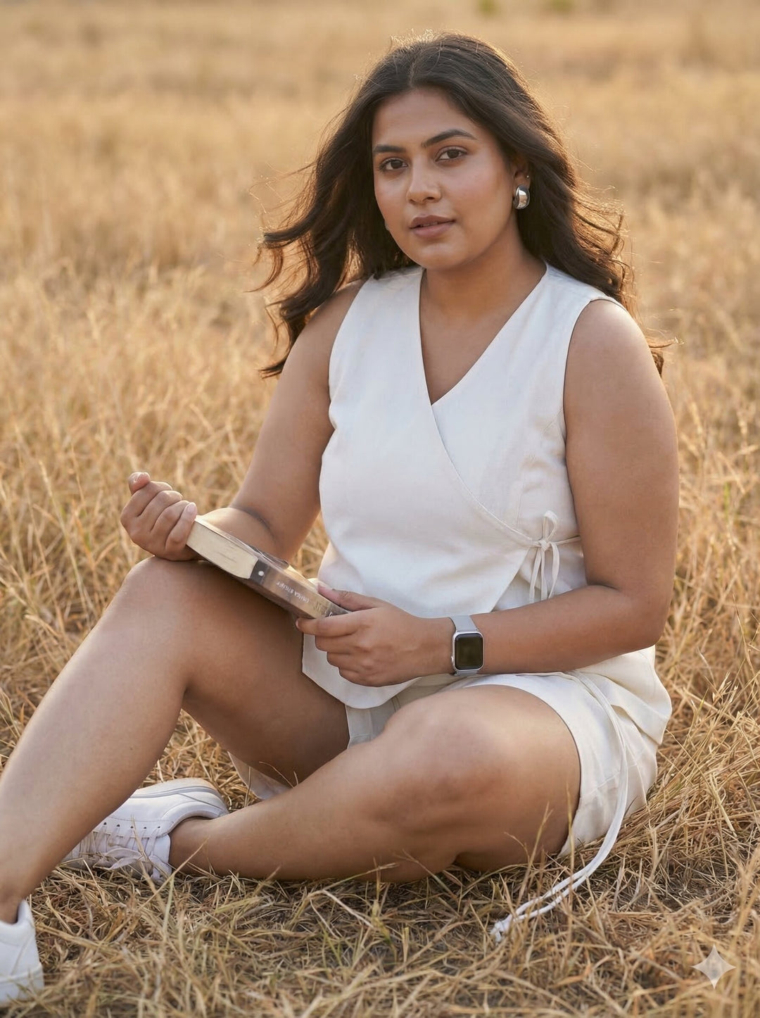 Woman in a white dress sitting in a field holding a book [Buy Summer Co Ord Set for Women Online]