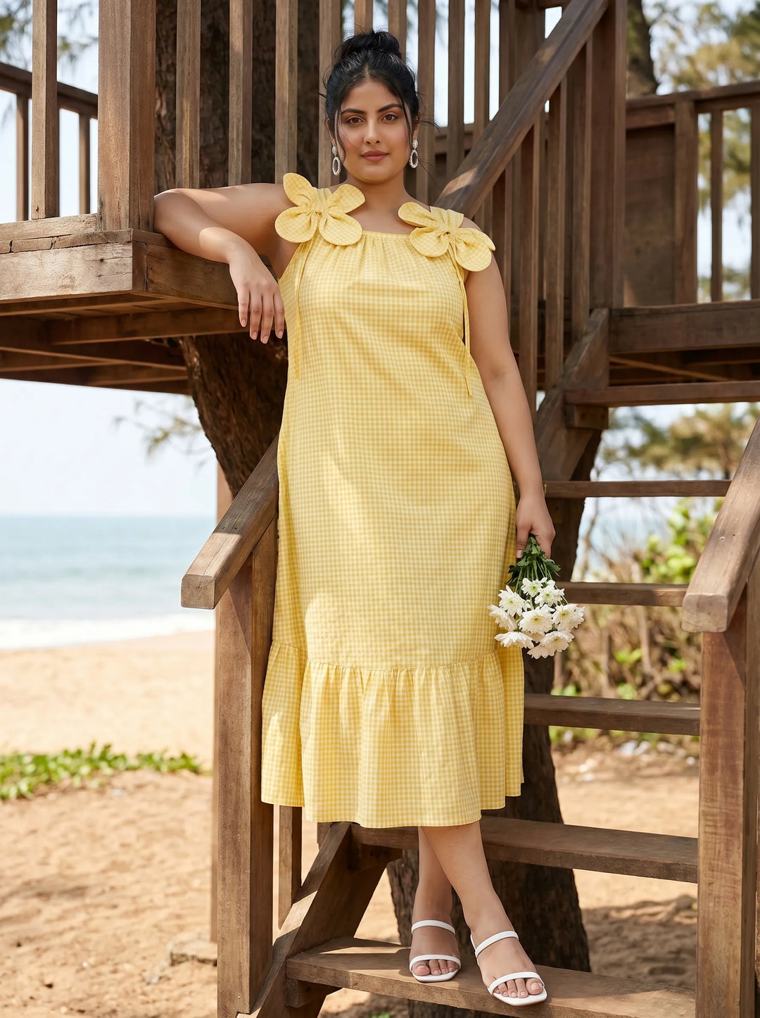 Yellow spaghetti-strap cotton dress for summer