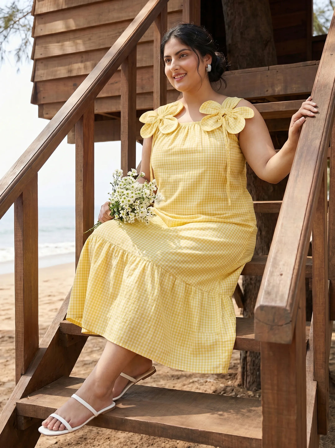 Yellow spaghetti-strap cotton dress for summer