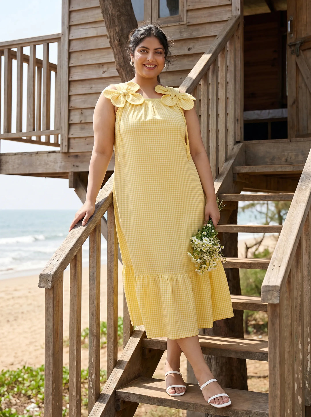 Yellow spaghetti-strap cotton dress for summer