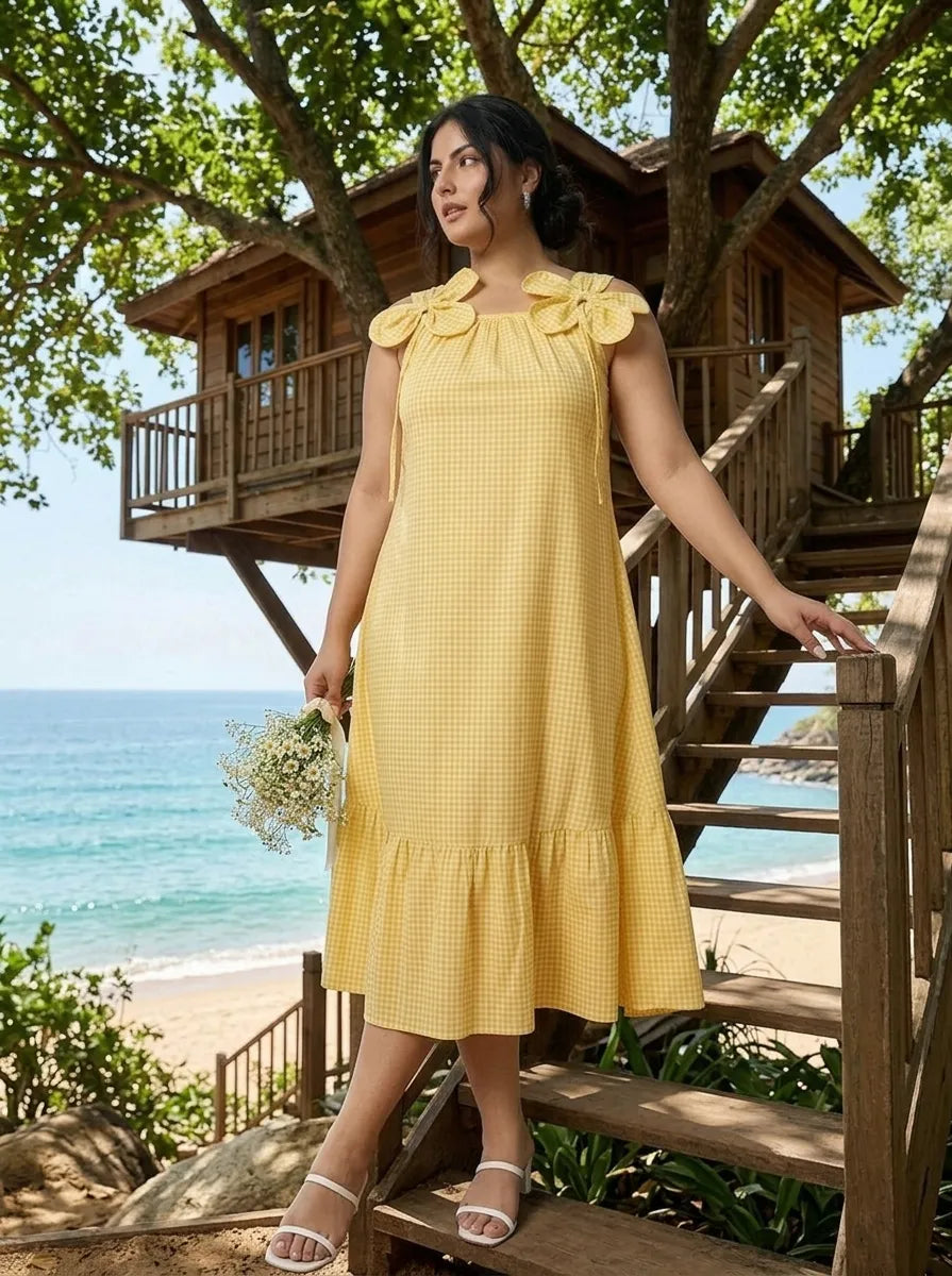 Yellow spaghetti-strap cotton dress for summer