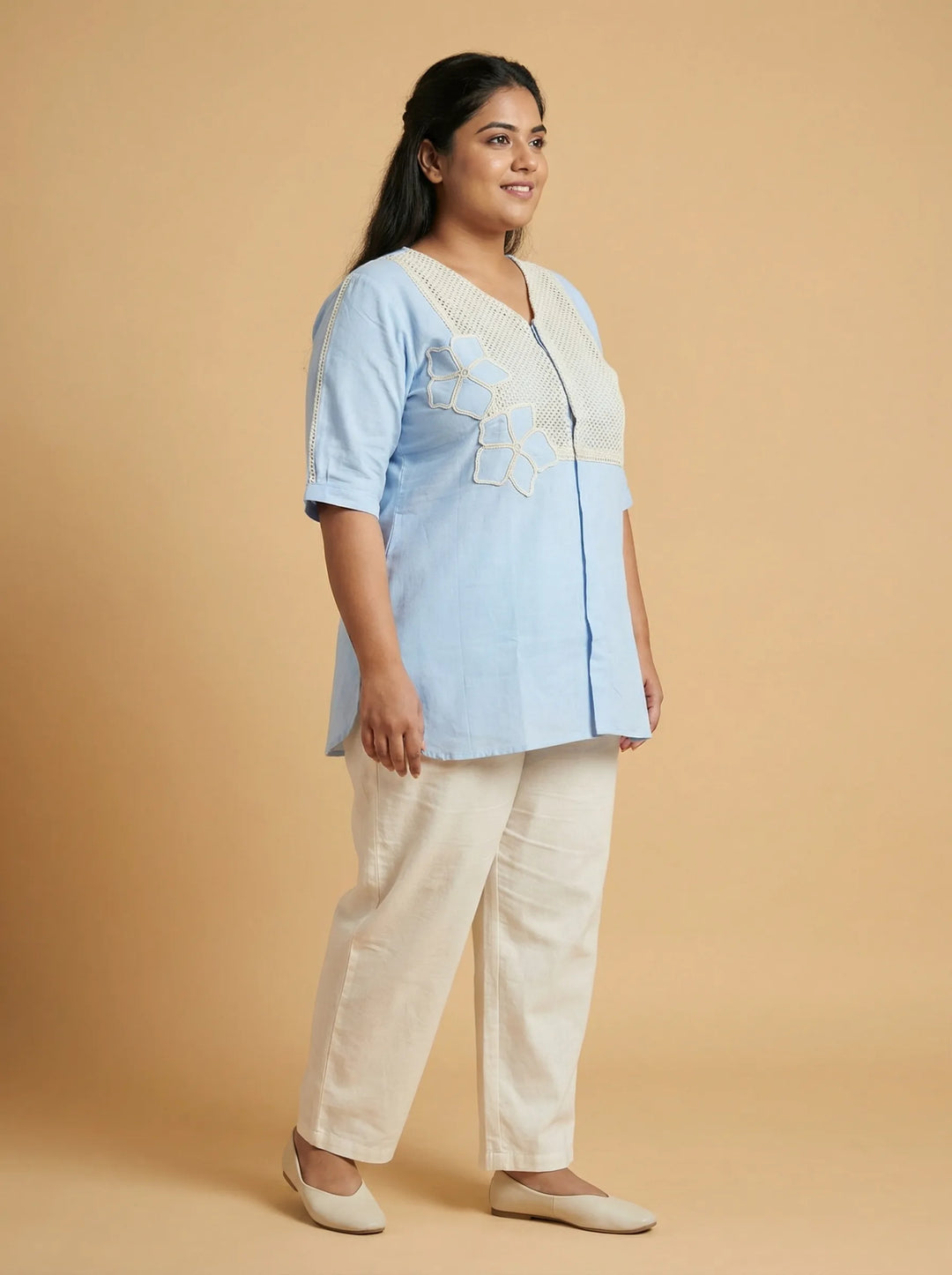 Sky Blue Pure Cotton Puffed Sleeve Top