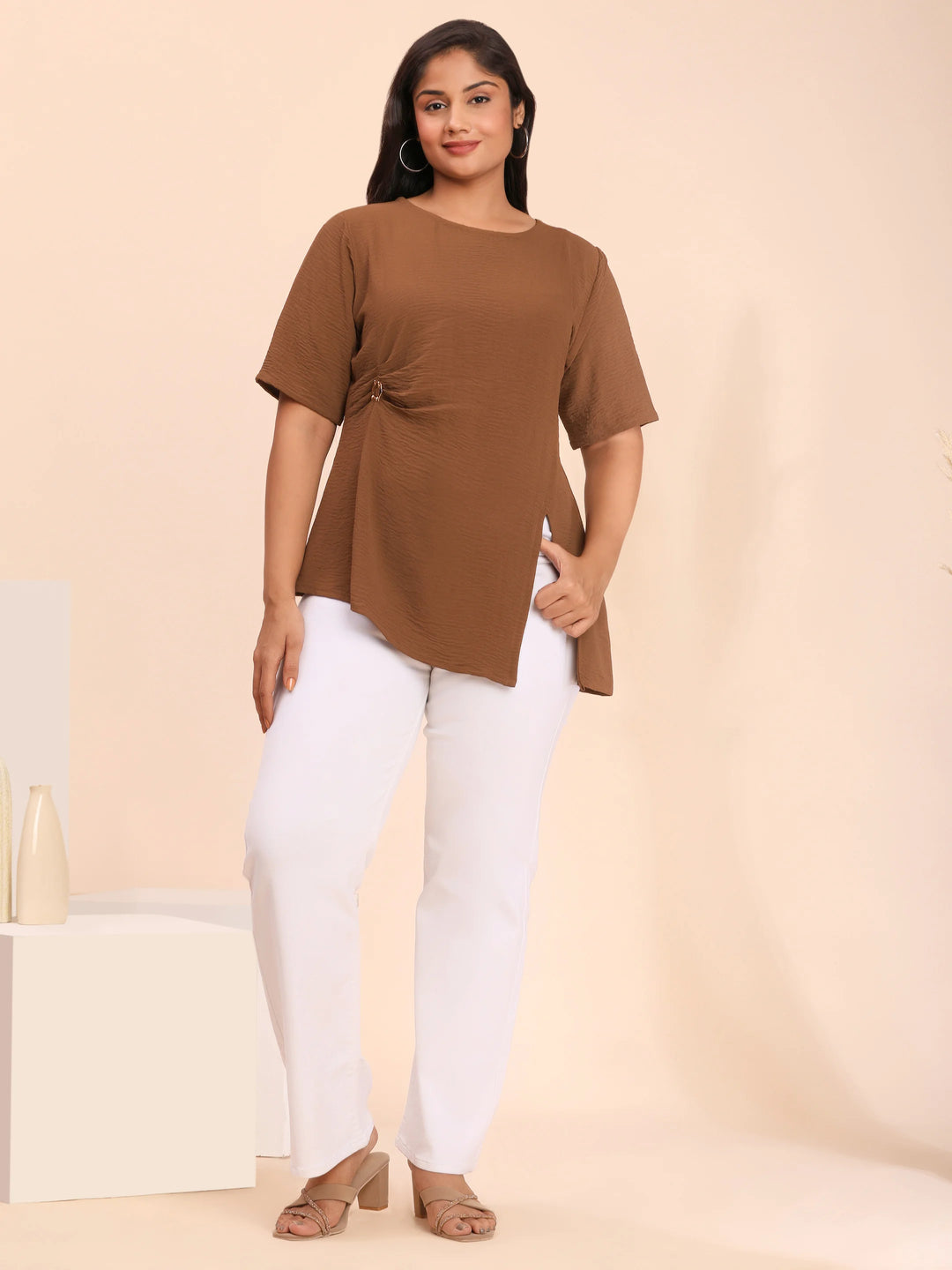 Brown asymmetric casual top for women