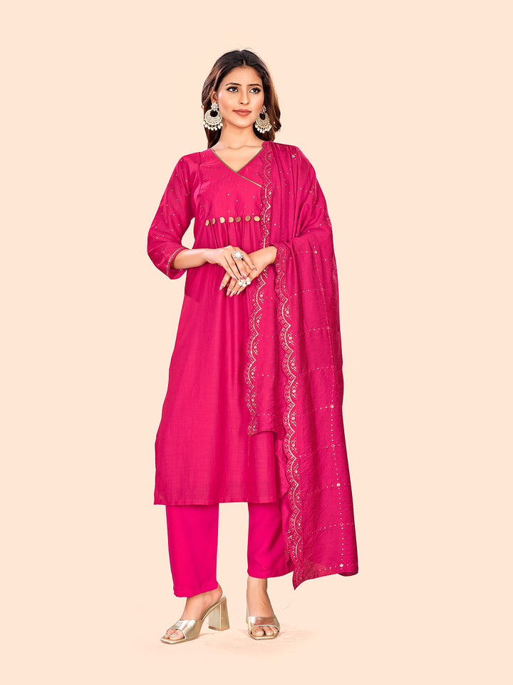 Curvy Lane Ladies Fuchsia A-Line Kurta with pants & dupatta set