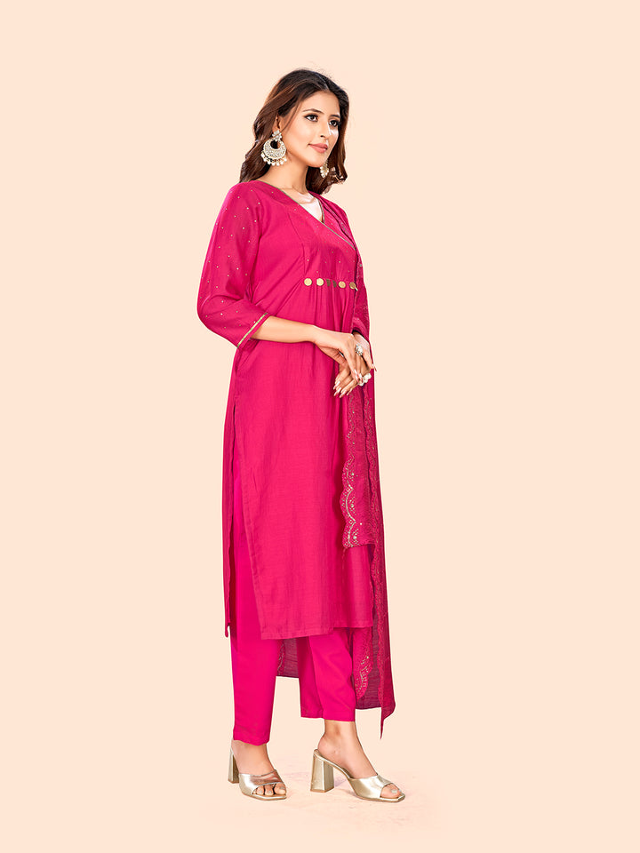 Curvy Lane Ladies Fuchsia A-Line Kurta with pants & dupatta set