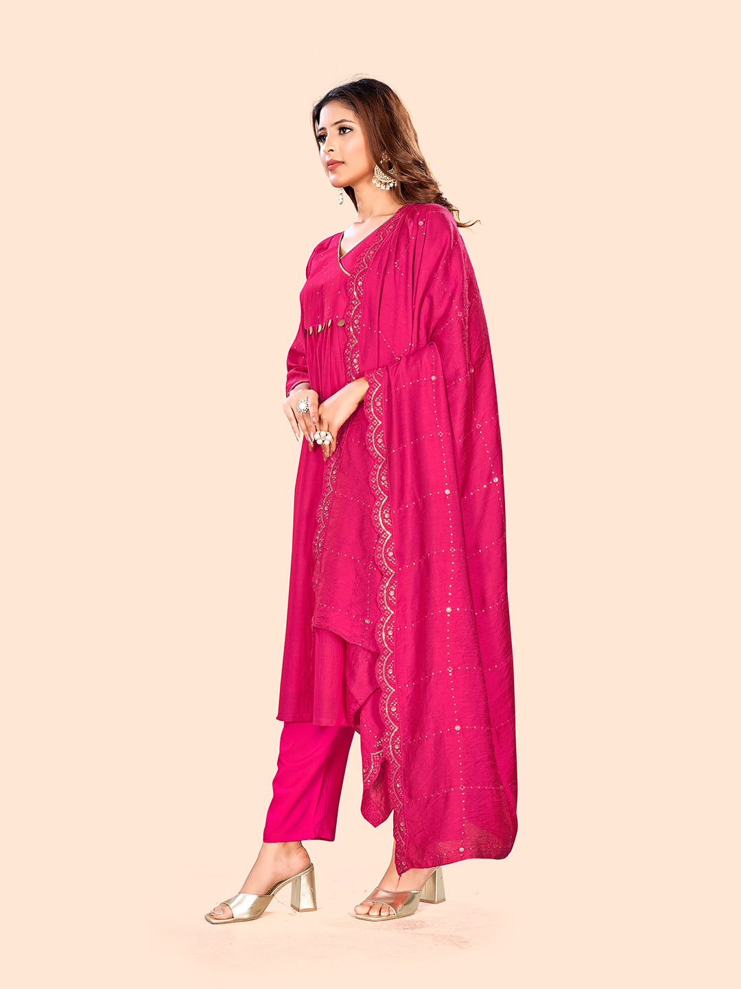 Curvy Lane Ladies Fuchsia A-Line Kurta with pants & dupatta set