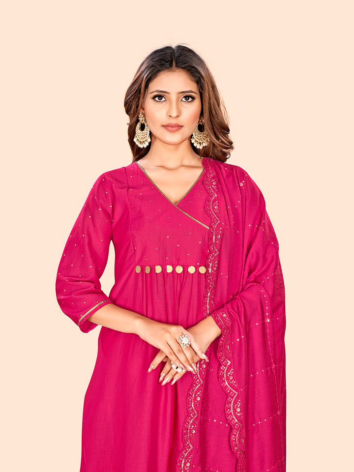 Curvy Lane Ladies Fuchsia A-Line Kurta with pants & dupatta set