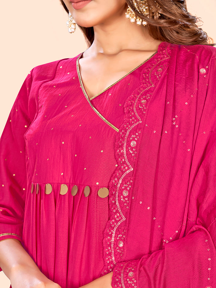 Curvy Lane Ladies Fuchsia A-Line Kurta with pants & dupatta set