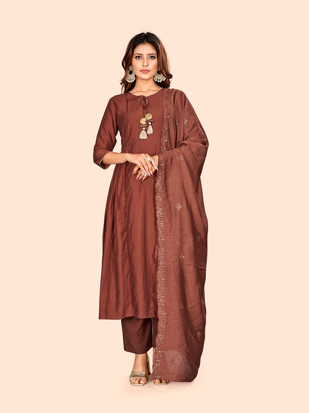 Curvy Lane Ladies Rust Anarkali Kurta with pants & dupatta set