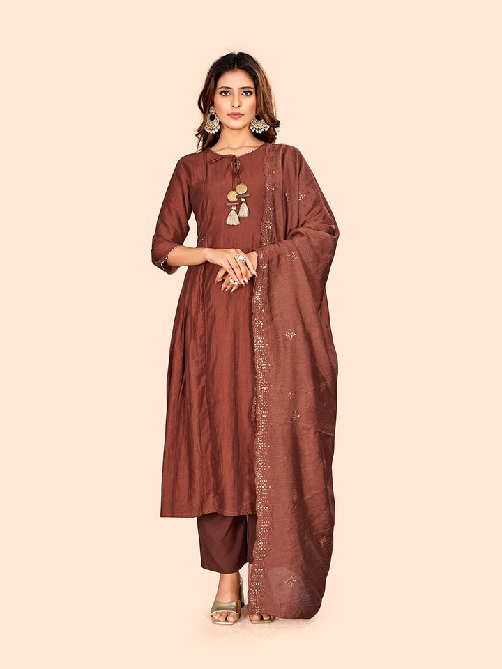 Curvy Lane Ladies Rust Anarkali Kurta with pants & dupatta set