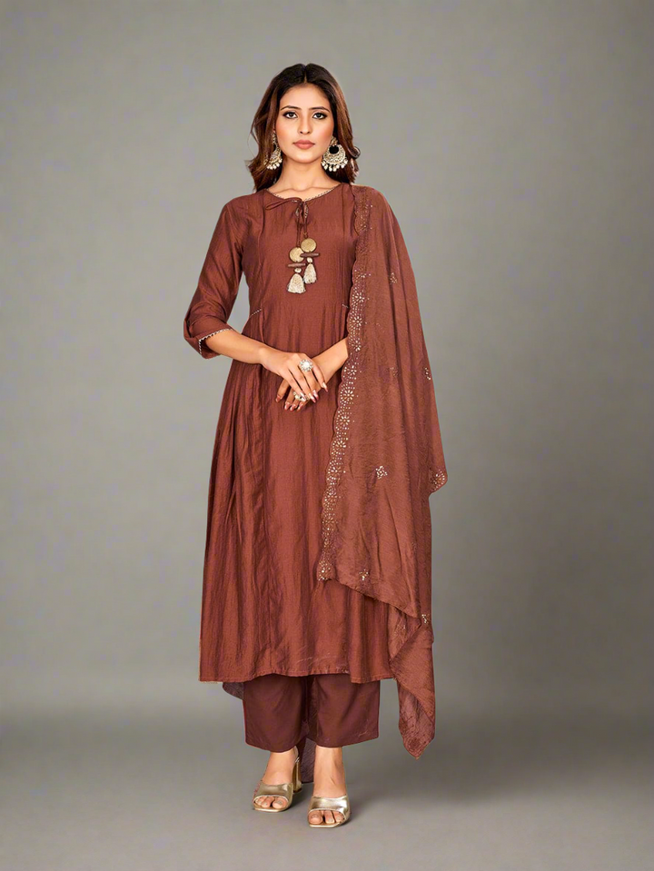 Curvy Lane Ladies Rust Anarkali Kurta with pants & dupatta set