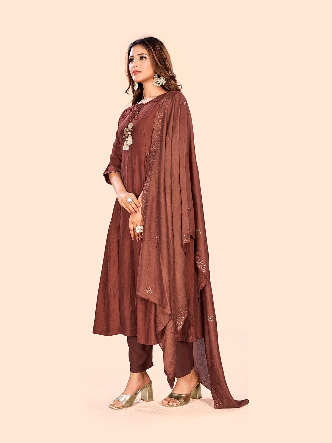 Curvy Lane Ladies Rust Anarkali Kurta with pants & dupatta set