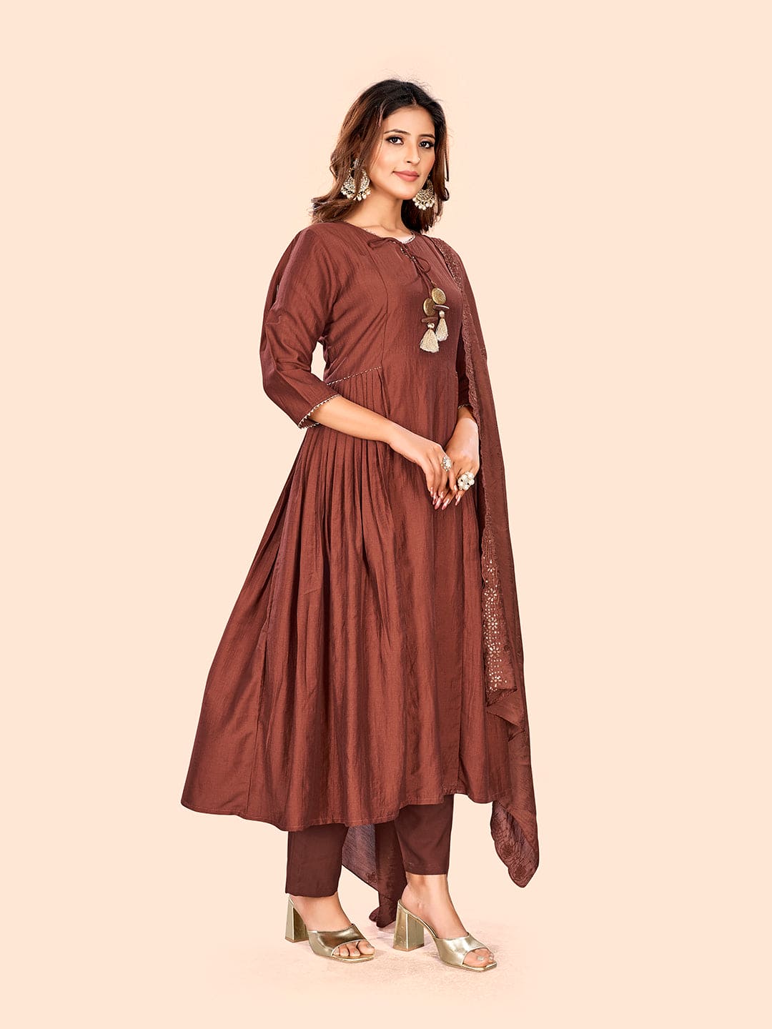 Curvy Lane Ladies Rust Anarkali Kurta with pants & dupatta set