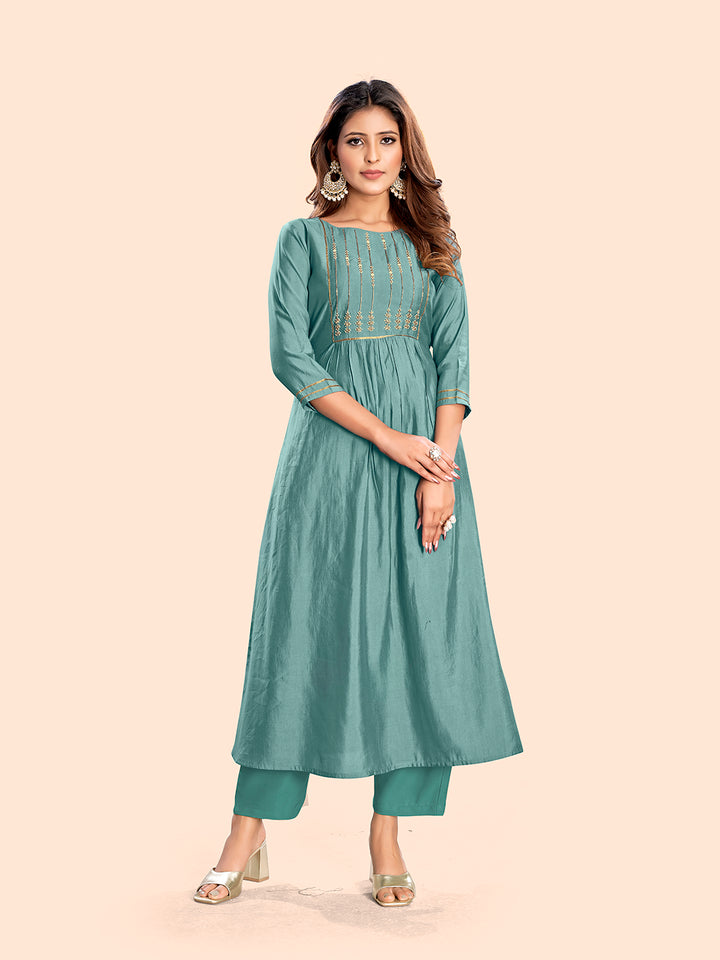 Curvy Lane Ladies Sea Green Boat Neck Kurta with pant set