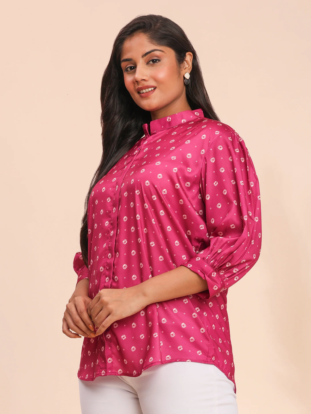 Fuchsia bandhani top with mandarin collar