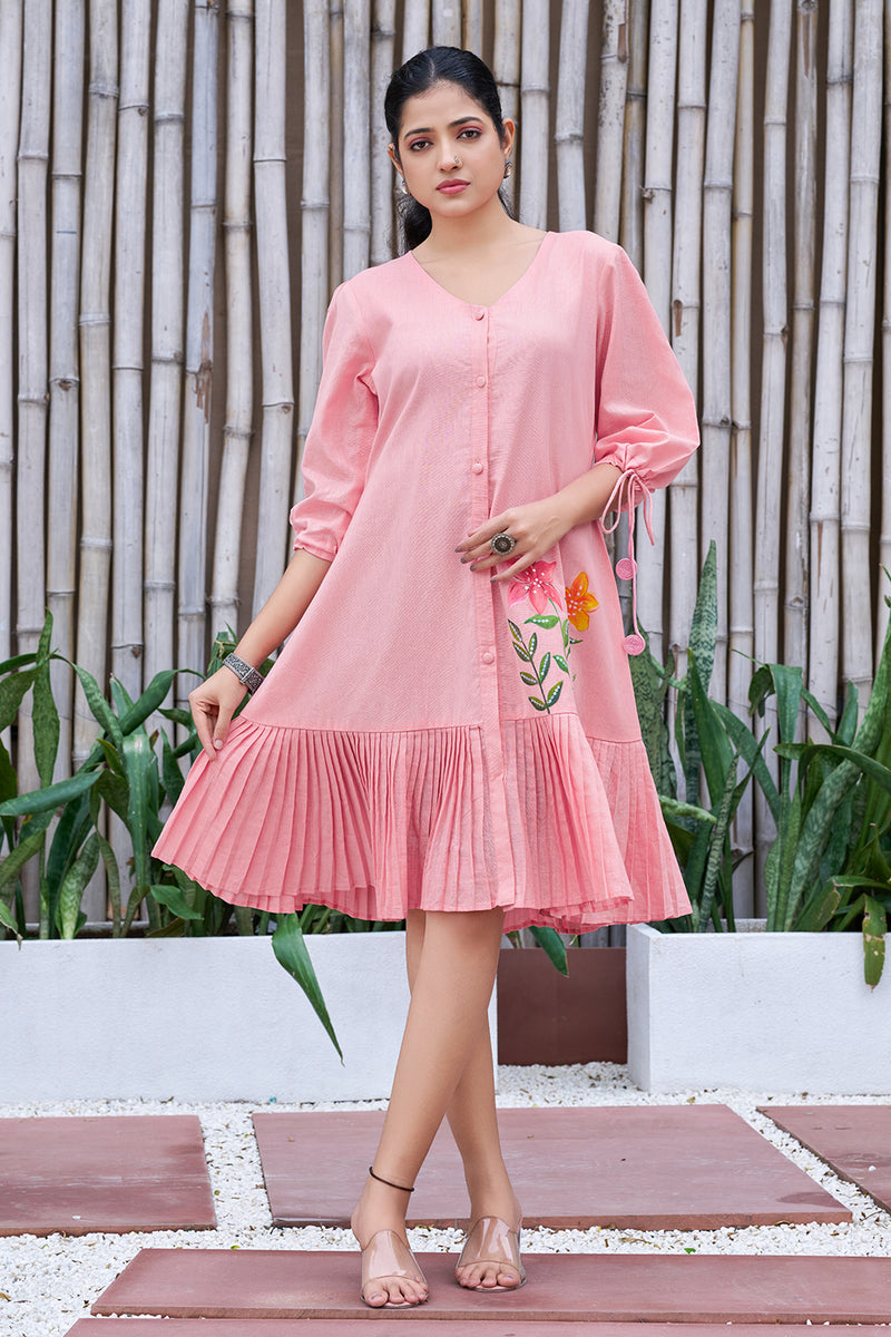 Jade Green Cotton Hand Painted V-Neck Dress