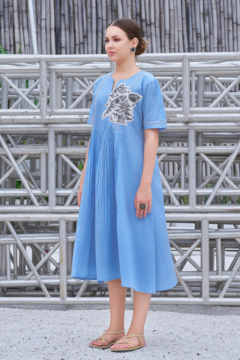 Hand-Painted Blue Cotton A-Line Dress for Women